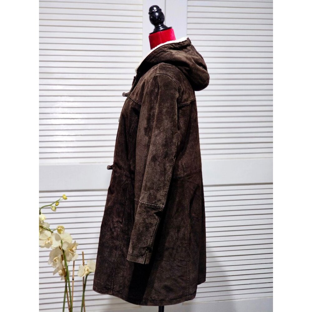 Covington Women's Brown Suede Leather Coat Faux Shearling Hood Size L 2203 - Picture 4 of 13